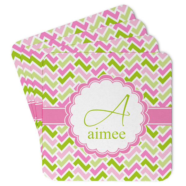 Custom Pink & Green Geometric Paper Coasters w/ Name and Initial