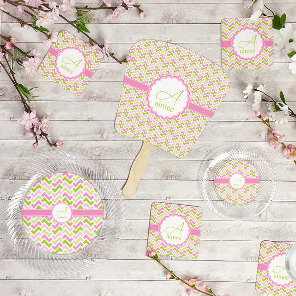Pink & Green Geometric Party Supplies Combination Image - All items - Plates, Coasters, Fans