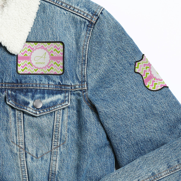 Pink & Green Geometric Patches Lifestyle Jean Jacket Detail
