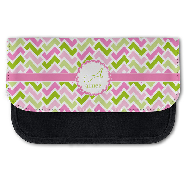 Custom Pink & Green Geometric Canvas Pencil Case w/ Name and Initial