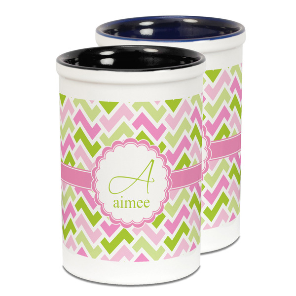 Custom Pink & Green Geometric Ceramic Pencil Holder - Large