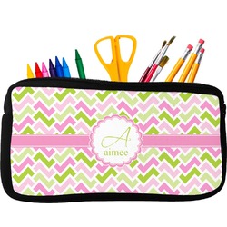 Pink & Green Geometric Neoprene Pencil Case - Small w/ Name and Initial