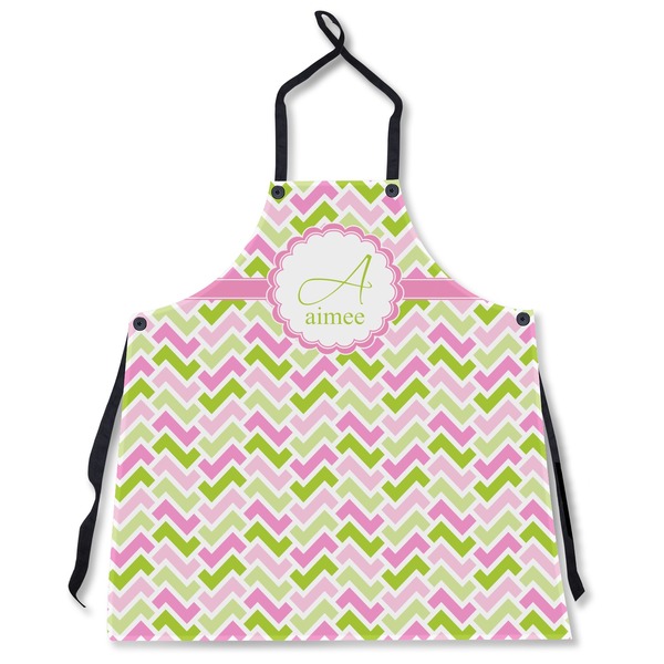 Custom Pink & Green Geometric Apron Without Pockets w/ Name and Initial