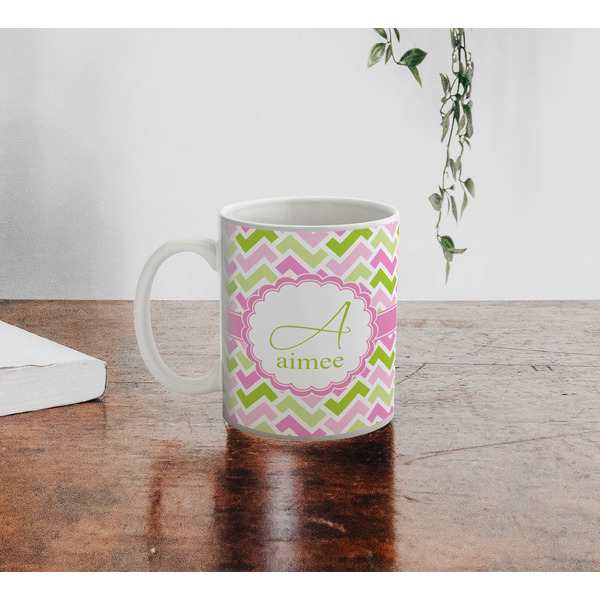 Pink & Green Geometric Personalized Coffee Mug - Lifestyle
