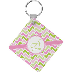 Pink & Green Geometric Diamond Plastic Keychain w/ Name and Initial