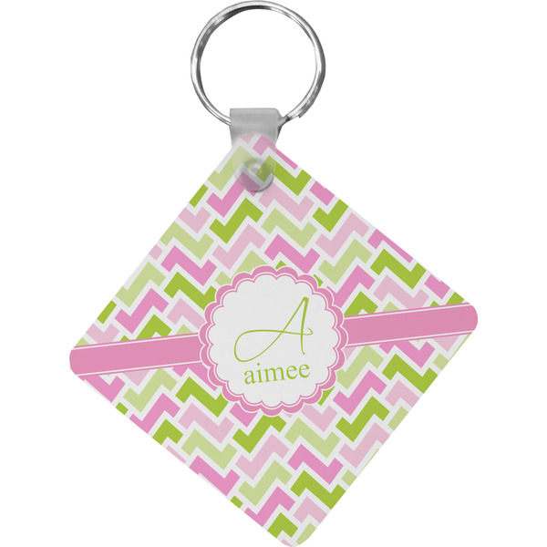 Custom Pink & Green Geometric Diamond Plastic Keychain w/ Name and Initial