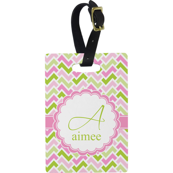 Custom Pink & Green Geometric Plastic Luggage Tag - Rectangular w/ Name and Initial