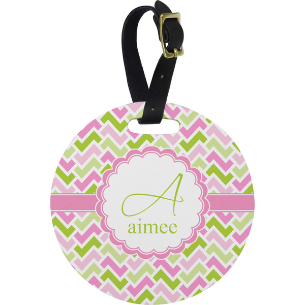 Custom Pink & Green Geometric Plastic Luggage Tag - Round (Personalized)