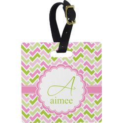 Pink & Green Geometric Plastic Luggage Tag - Square w/ Name and Initial