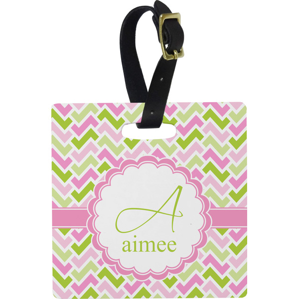 Custom Pink & Green Geometric Plastic Luggage Tag - Square w/ Name and Initial
