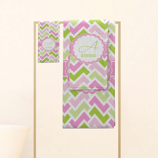Pink & Green Geometric Personalized Towel Set