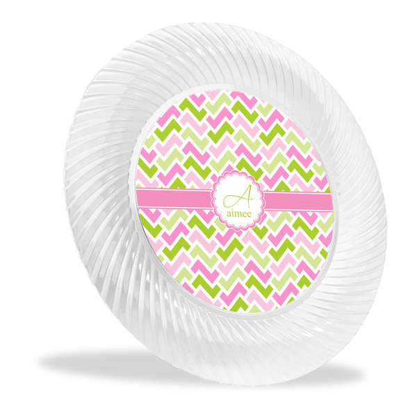 Custom Pink & Green Geometric Plastic Party Dinner Plates - 10" (Personalized)
