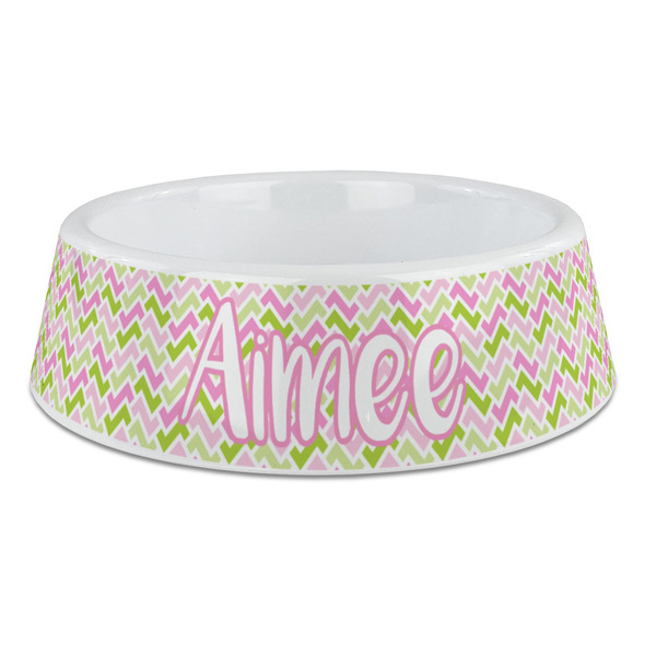 Custom Pink & Green Geometric Plastic Dog Bowl - Large (Personalized)