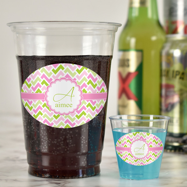 Pink & Green Geometric Plastic Shot Glasses - In Context