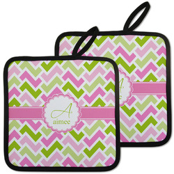 Pink & Green Geometric Pot Holders - Set of 2 w/ Name and Initial