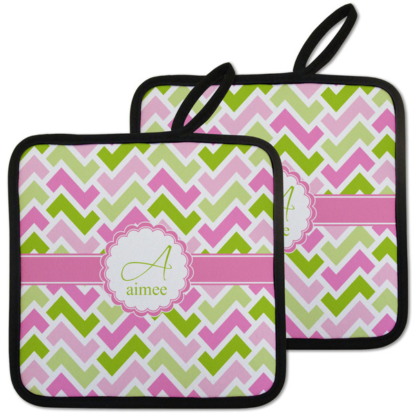 Custom Pink & Green Geometric Pot Holders - Set of 2 w/ Name and Initial