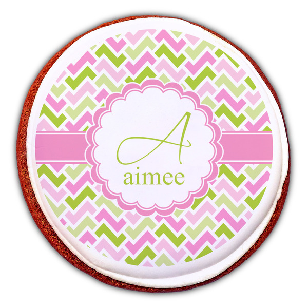 Pink & Green Geometric Printed Icing Circle - Large - On Cookie