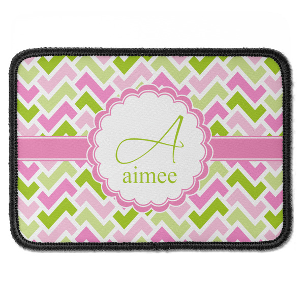 Custom Pink & Green Geometric Iron On Rectangle Patch w/ Name and Initial