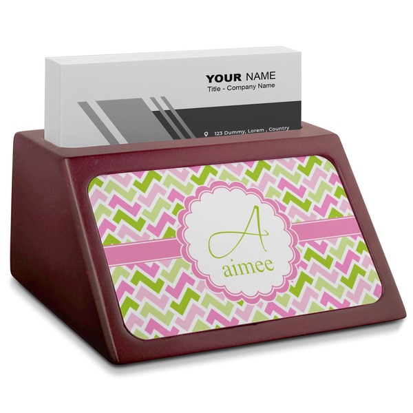 Custom Pink & Green Geometric Red Mahogany Business Card Holder (Personalized)