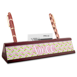 Pink & Green Geometric Red Mahogany Nameplate with Business Card Holder (Personalized)
