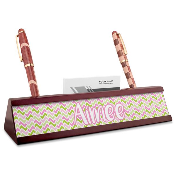 Custom Pink & Green Geometric Red Mahogany Nameplate with Business Card Holder (Personalized)