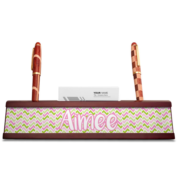 Pink & Green Geometric Red Mahogany Nameplates with Business Card Holder - Straight