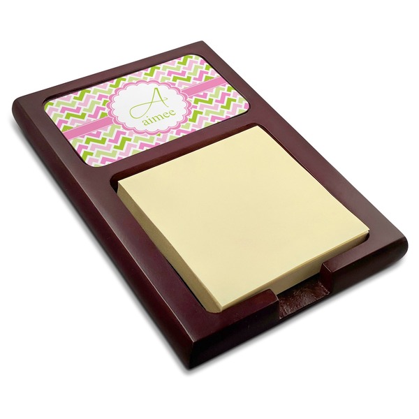 Custom Pink & Green Geometric Red Mahogany Sticky Note Holder (Personalized)