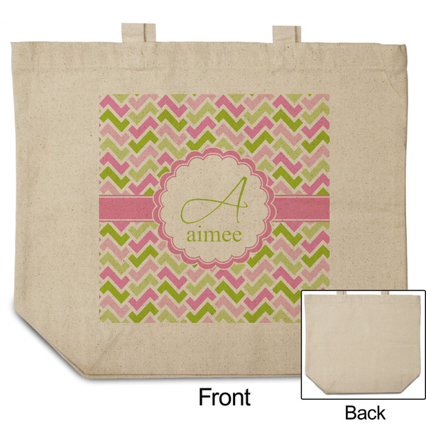 Pink & Green Geometric Reusable Cotton Grocery Bag - Front & Back View