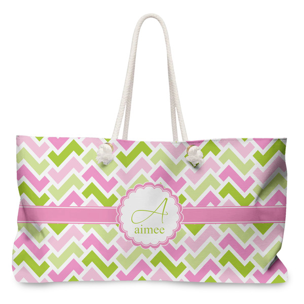 Custom Pink & Green Geometric Large Tote Bag with Rope Handles (Personalized)
