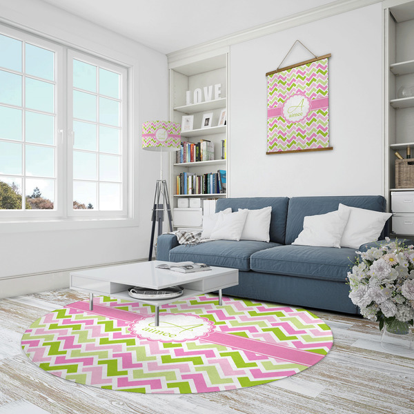 Pink & Green Geometric Round Area Rug - IN CONTEXT