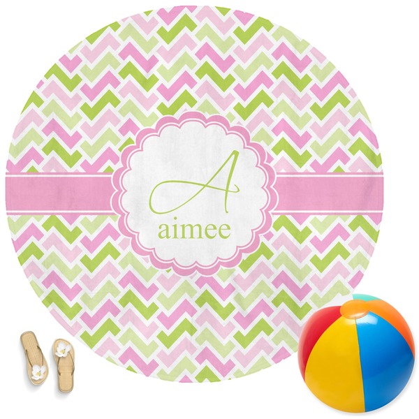 Custom Pink & Green Geometric Round Beach Towel (Personalized)