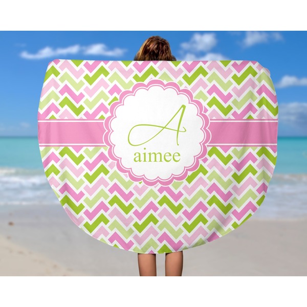 Pink & Green Geometric Round Beach Towel - In Use