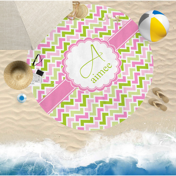 Pink & Green Geometric Round Beach Towel Lifestyle