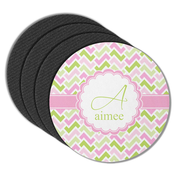 Custom Pink & Green Geometric Round Rubber Backed Coasters - Set of 4 (Personalized)
