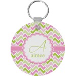 Pink & Green Geometric Round Plastic Keychain (Personalized)