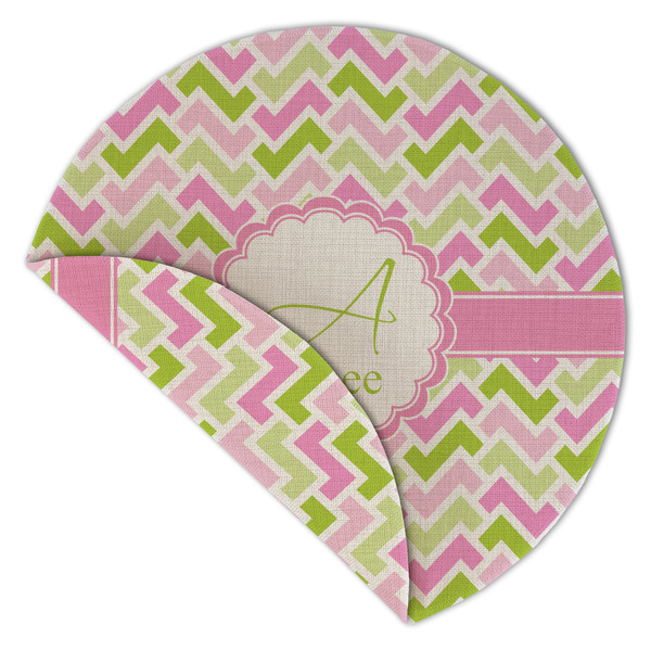 Pink & Green Geometric Round Linen Placemats - Front (folded corner double sided)