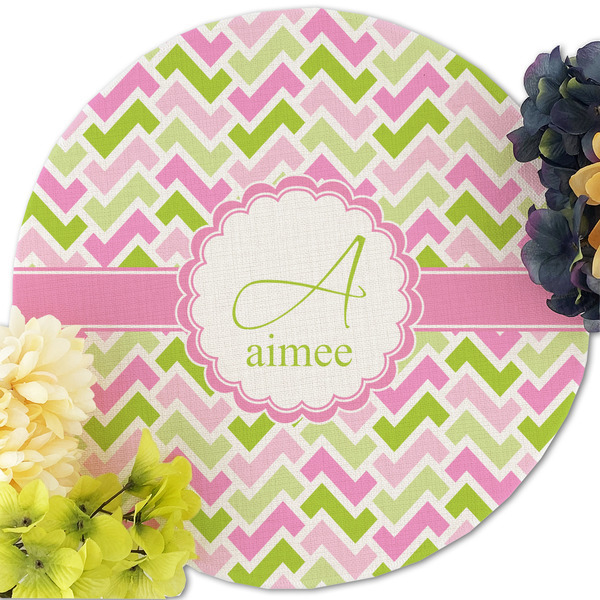 Pink & Green Geometric Round Linen Placemats - Front (w flowers)