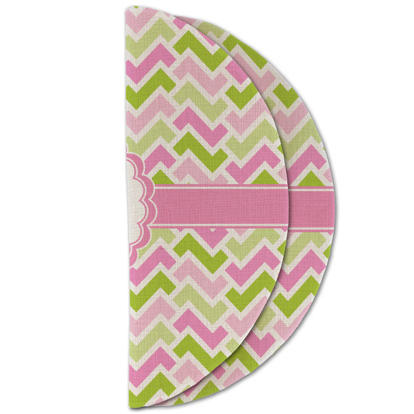 Pink & Green Geometric Round Linen Placemats - HALF FOLDED (double sided)