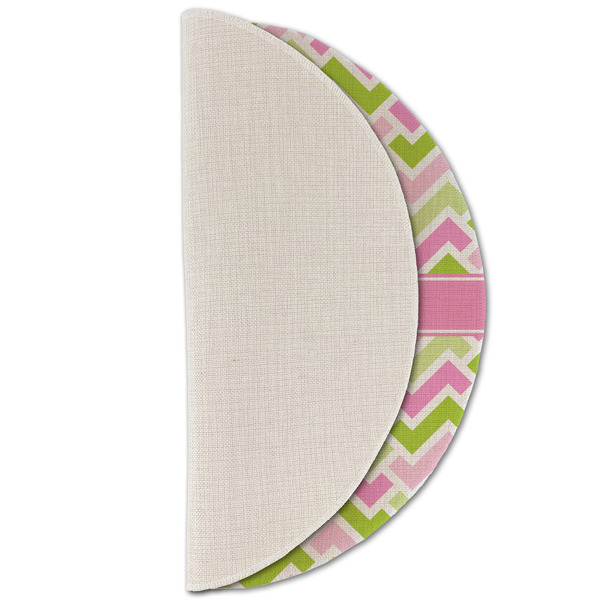 Pink & Green Geometric Round Linen Placemats - HALF FOLDED (single sided)