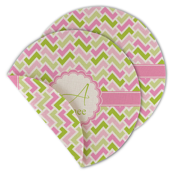 Custom Pink & Green Geometric Round Linen Placemat - Double Sided (Personalized)
