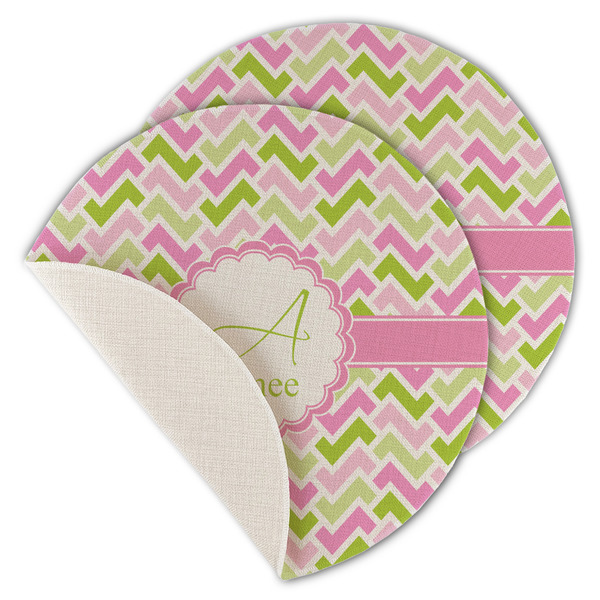 Custom Pink & Green Geometric Round Linen Placemat - Single Sided - Set of 4 (Personalized)