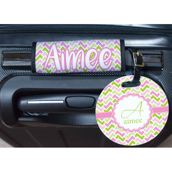 Pink & Green Geometric Round Luggage Tag & Handle Wrap - In Context