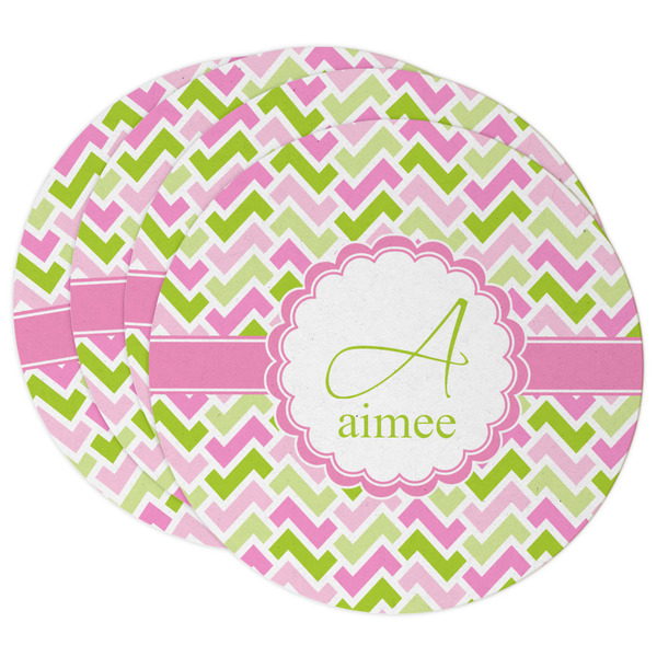 Custom Pink & Green Geometric Round Paper Coasters w/ Name and Initial