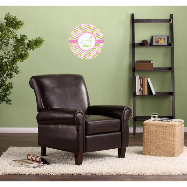 Pink & Green Geometric Round Wall Decal on Living Room Wall