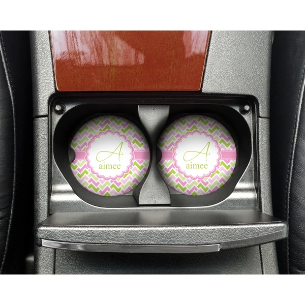Pink & Green Geometric Sandstone Car Coaster - In Cup Holder