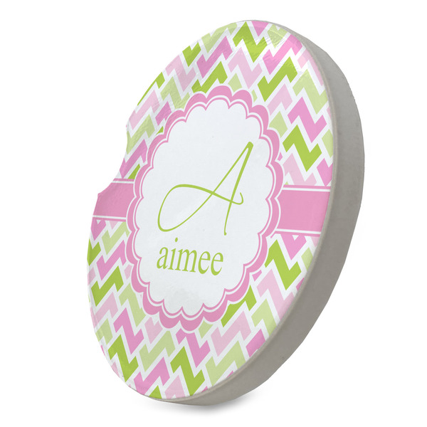 Pink & Green Geometric Sandstone Car Coaster - STANDING ANGLE