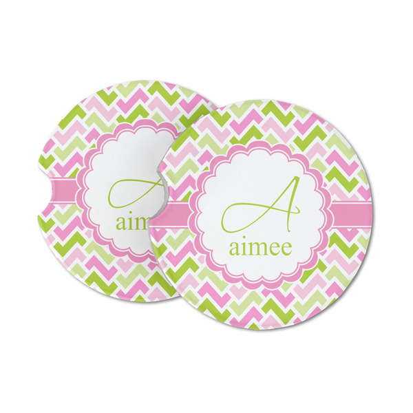Custom Pink & Green Geometric Sandstone Car Coasters - Set of 2 (Personalized)