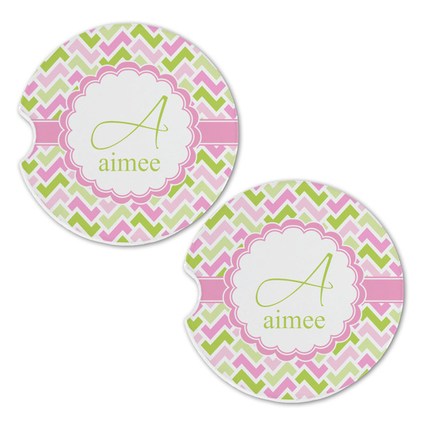 Pink & Green Geometric Sandstone Car Coasters - Set of 2