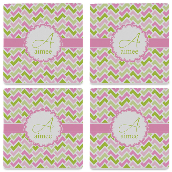 Pink & Green Geometric Set of 4 Sandstone Coasters - See All 4 View