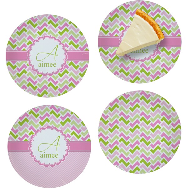 Custom Pink & Green Geometric Set of 4 Glass Appetizer / Dessert Plate 8" (Personalized)